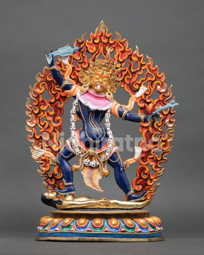 front view, ekajati statue copper buddhist protector nepal gold gilded lotus flaming halo