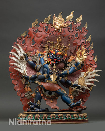front view vajrakilaya statue copper lost wax gold gilded wrathful tantric protector deity on lotus throne