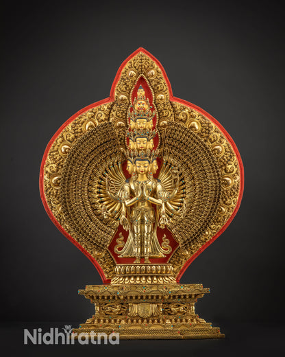 front view 1000 Armed Chenrezig Avalokiteshvara Statue gold gilded copper body Nepal

