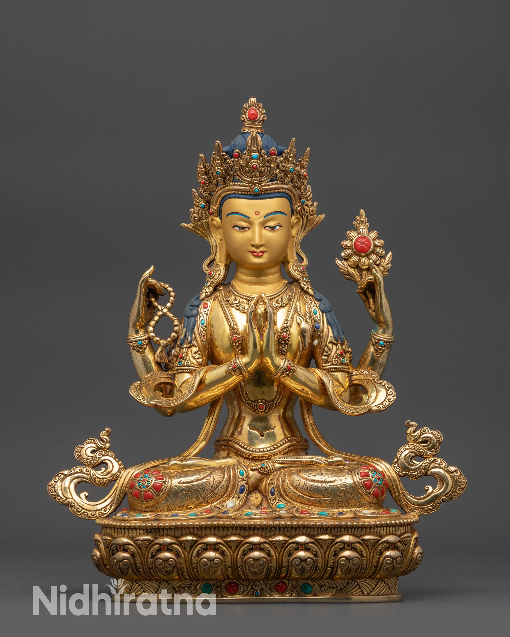 front view 13" Four-Armed Chenrezig statue on lotus seat with gold-gilded face