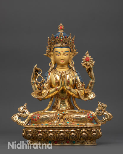 front view 13" Four-Armed Chenrezig statue on lotus seat with gold-gilded face