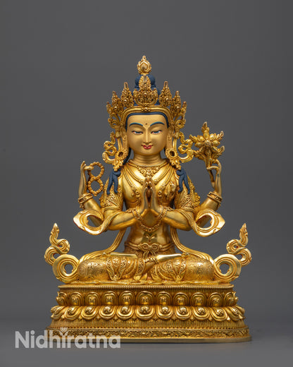 front view 24K gold-gilded Chenrezig statue seated on lotus pedestal handcrafted in Nepal
