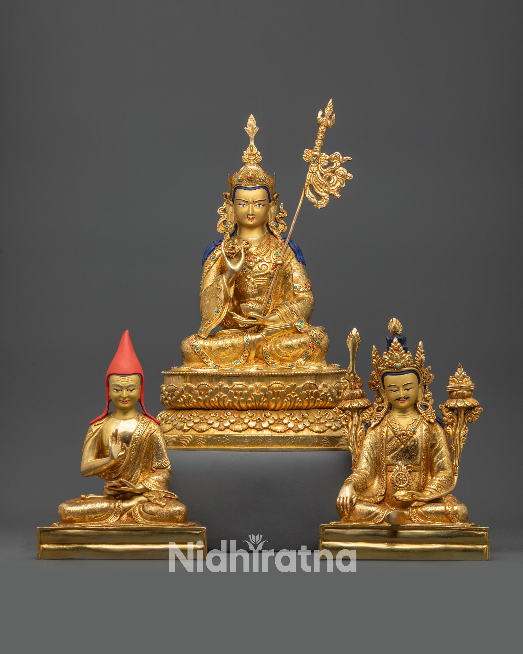 front view 24k gold-gilded Tsokye Dorje Santaraksita Trisong Detsen statue set