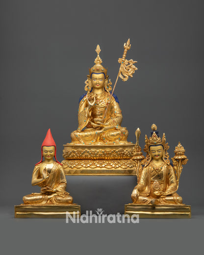 front view 24k gold-gilded Tsokye Dorje Santaraksita Trisong Detsen statue set