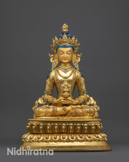 front view Amitayus Buddha statue gold-gilded face handmade Nepalese sculpture
