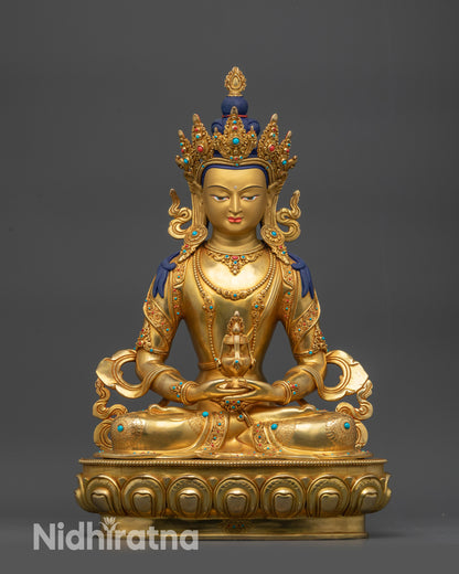 front view Amitayus Vajrayana Buddha statue on lotus pedestal, gold-gilded face

