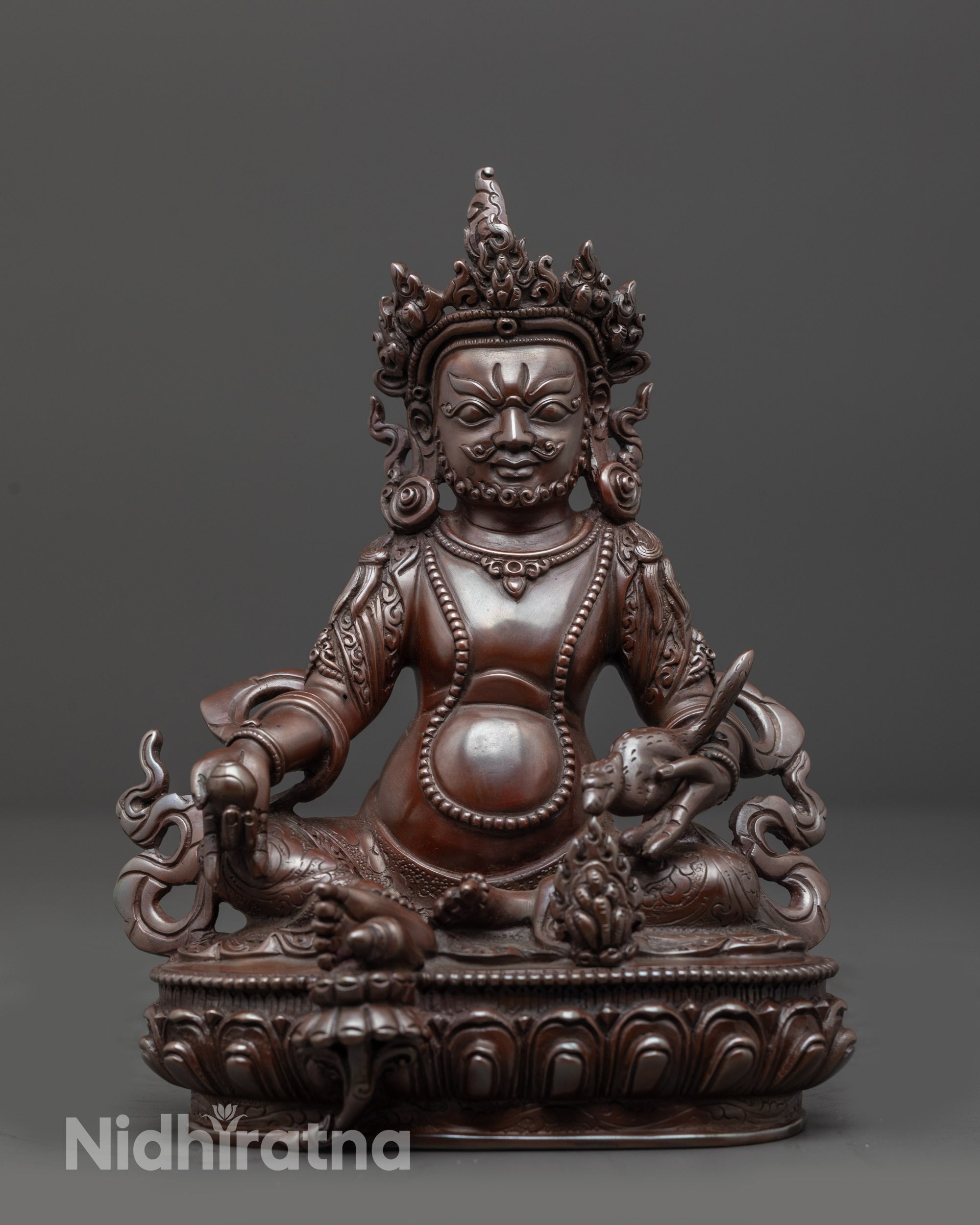 front view Black Oxidized Dzambhala Statue with jeweled crown and lotus seat
