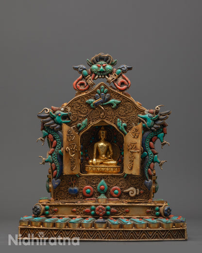 front view Buddha Shakyamuni Ghau Box with gold filigree and semi-precious stone details