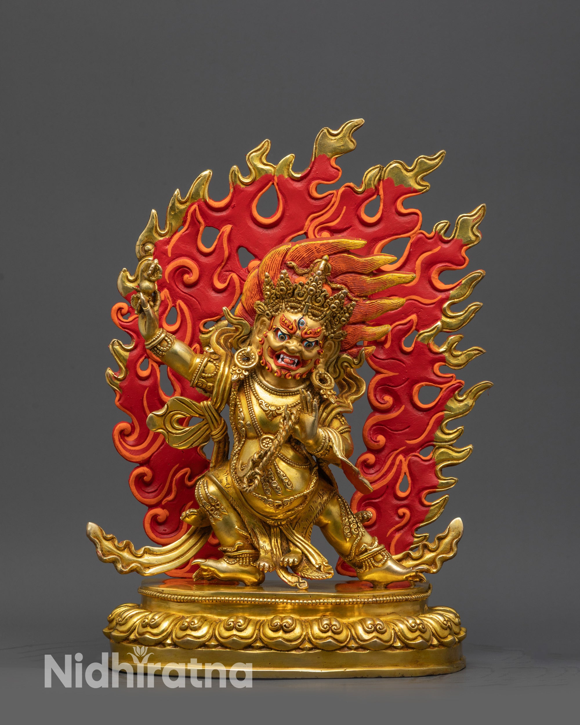 front view Buddhist Dharma Protector Vajrapani Statue on lotus with gold fire-gilded base