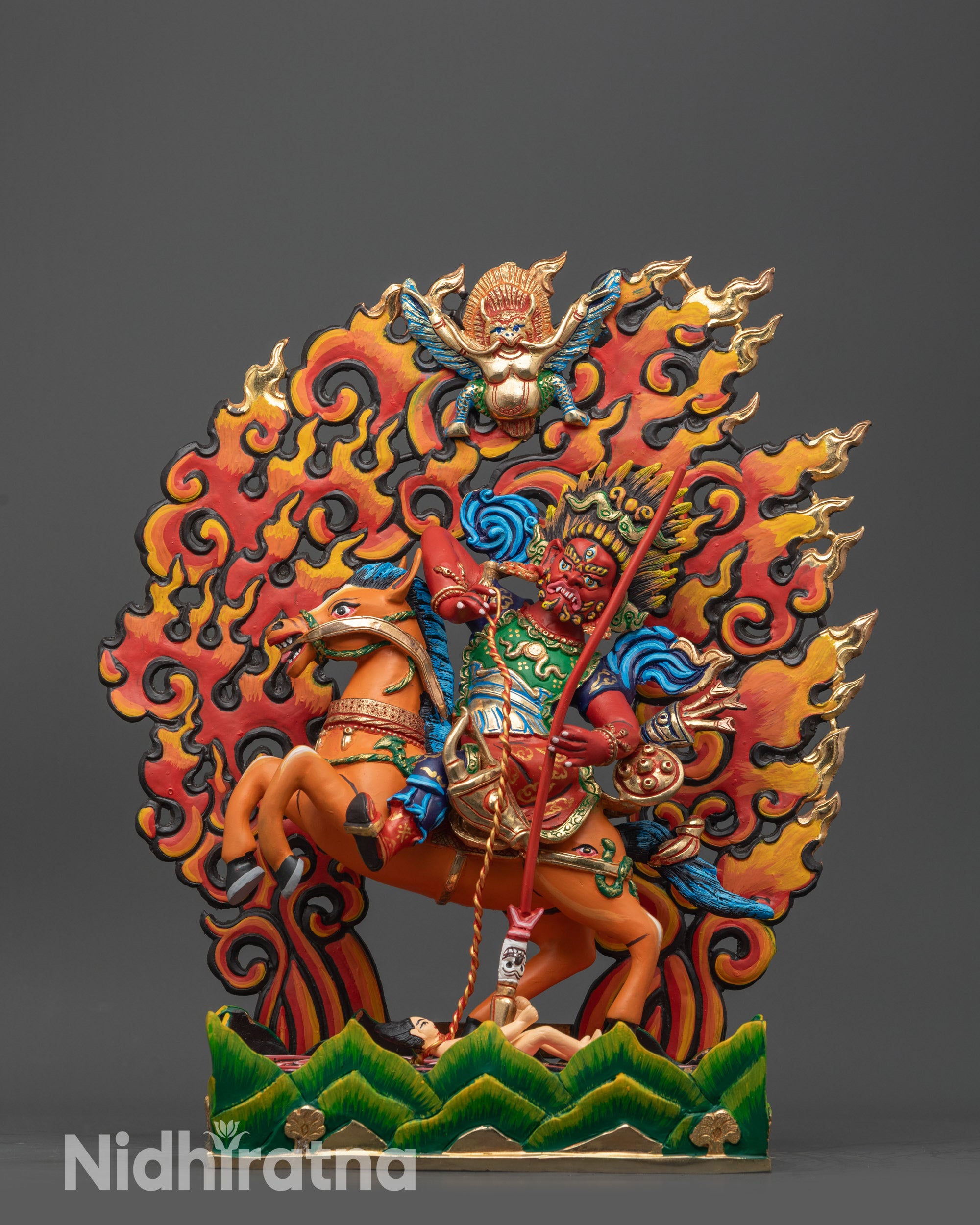 front view Colored Tsengo Rolpa Chudan Statue on orange horse with flame halo
