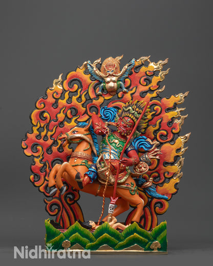 front view Colored Tsengo Rolpa Chudan Statue on orange horse with flame halo
