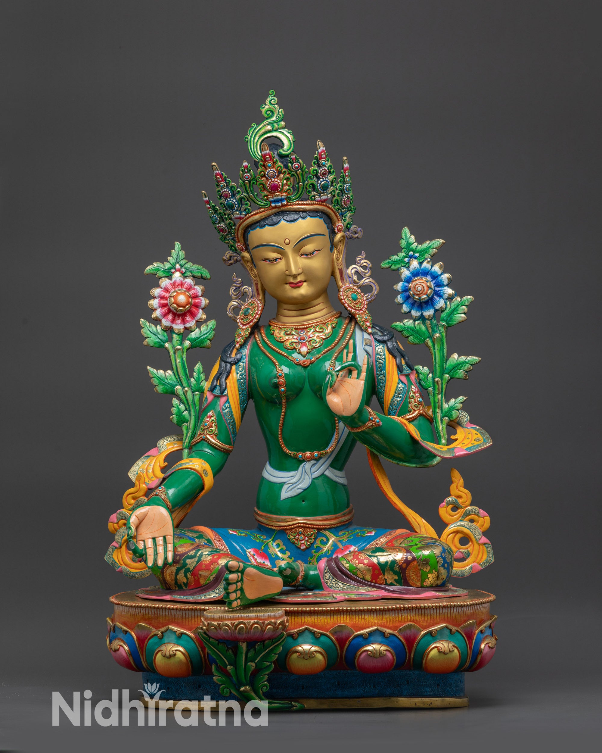 front view Divine Green Tara Statue with gold-gilded face and lotus base