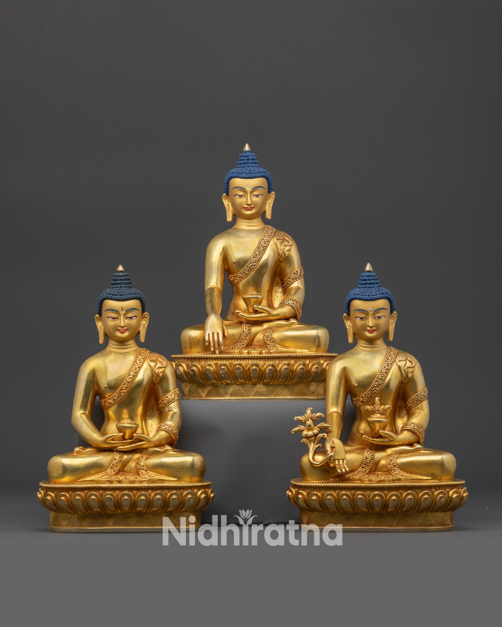 front view Enlightened Three Buddha Set Statue gold fire-gilded Himalayan Buddhist art