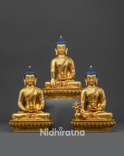 front view Enlightened Three Buddha Set Statue gold fire-gilded Himalayan Buddhist art