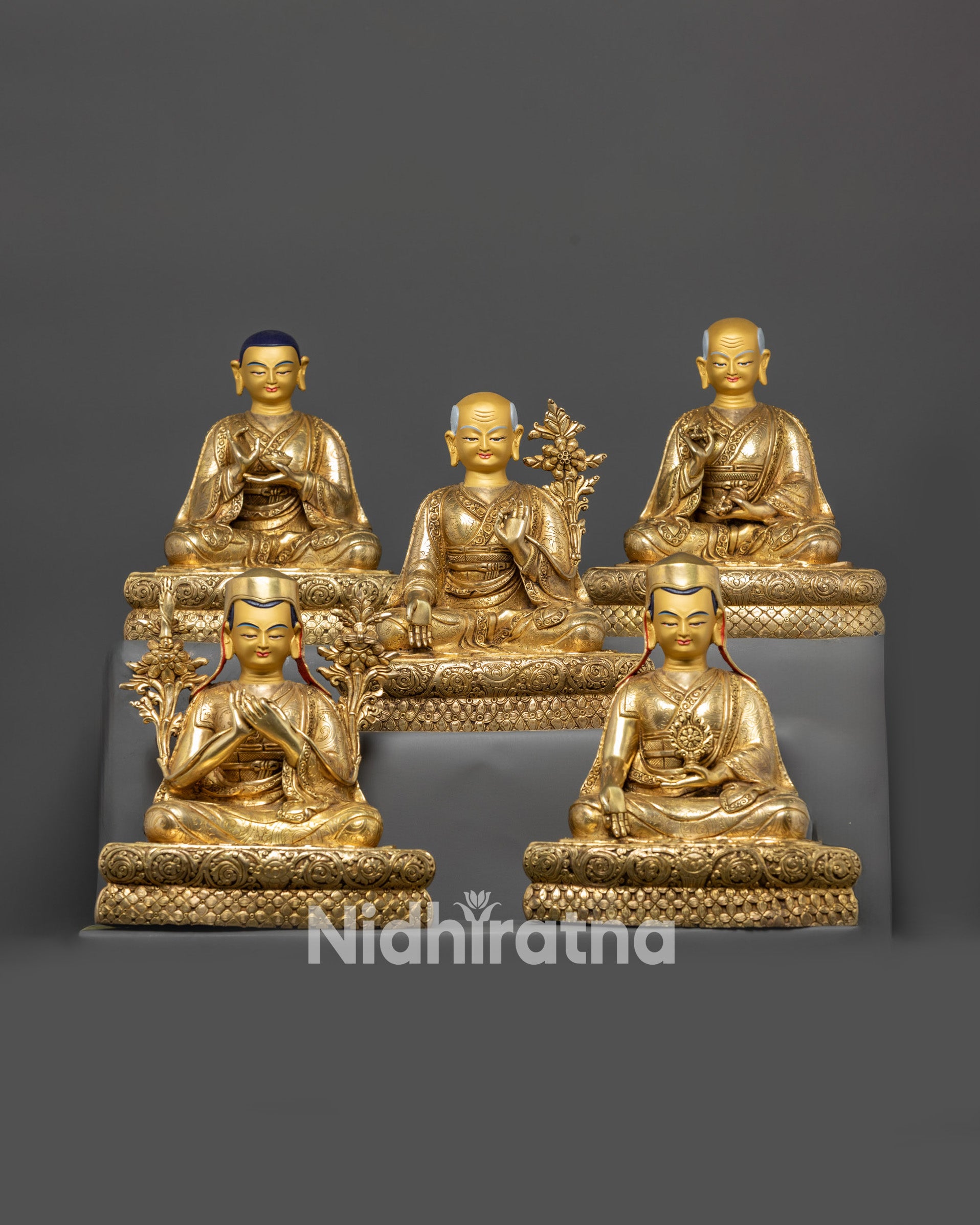 front view Five Shakya Masters Statue Set handcrafted Buddhist deities from Nepal
