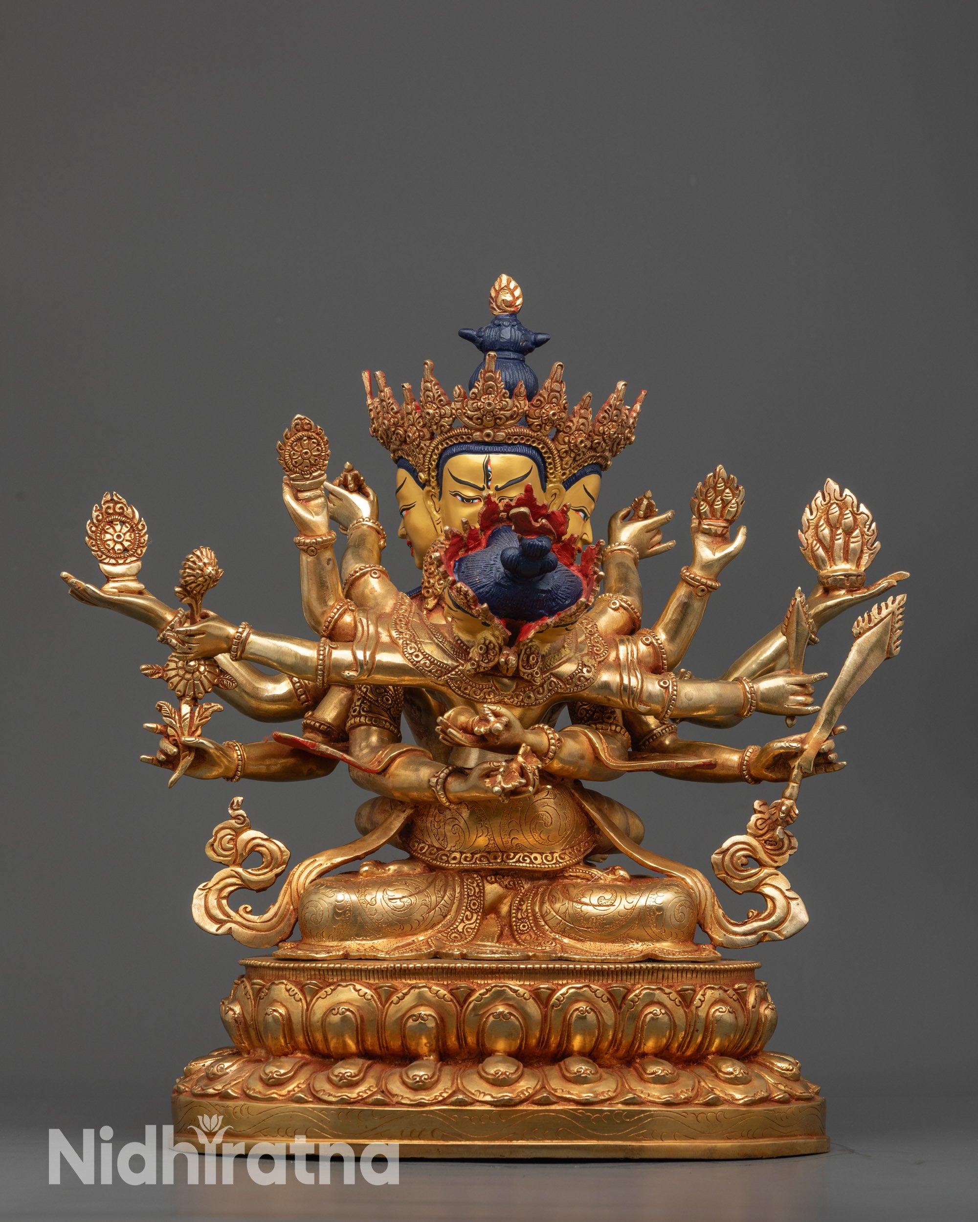 front view Guhyasamaja Consort Statue gold-gilded faces handcrafted Buddhist art

