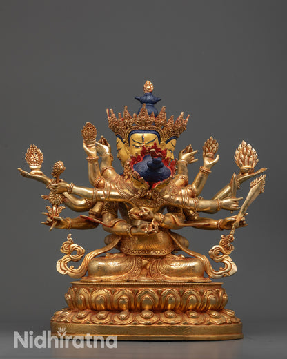 front view Guhyasamaja Consort Statue gold-gilded faces handcrafted Buddhist art
