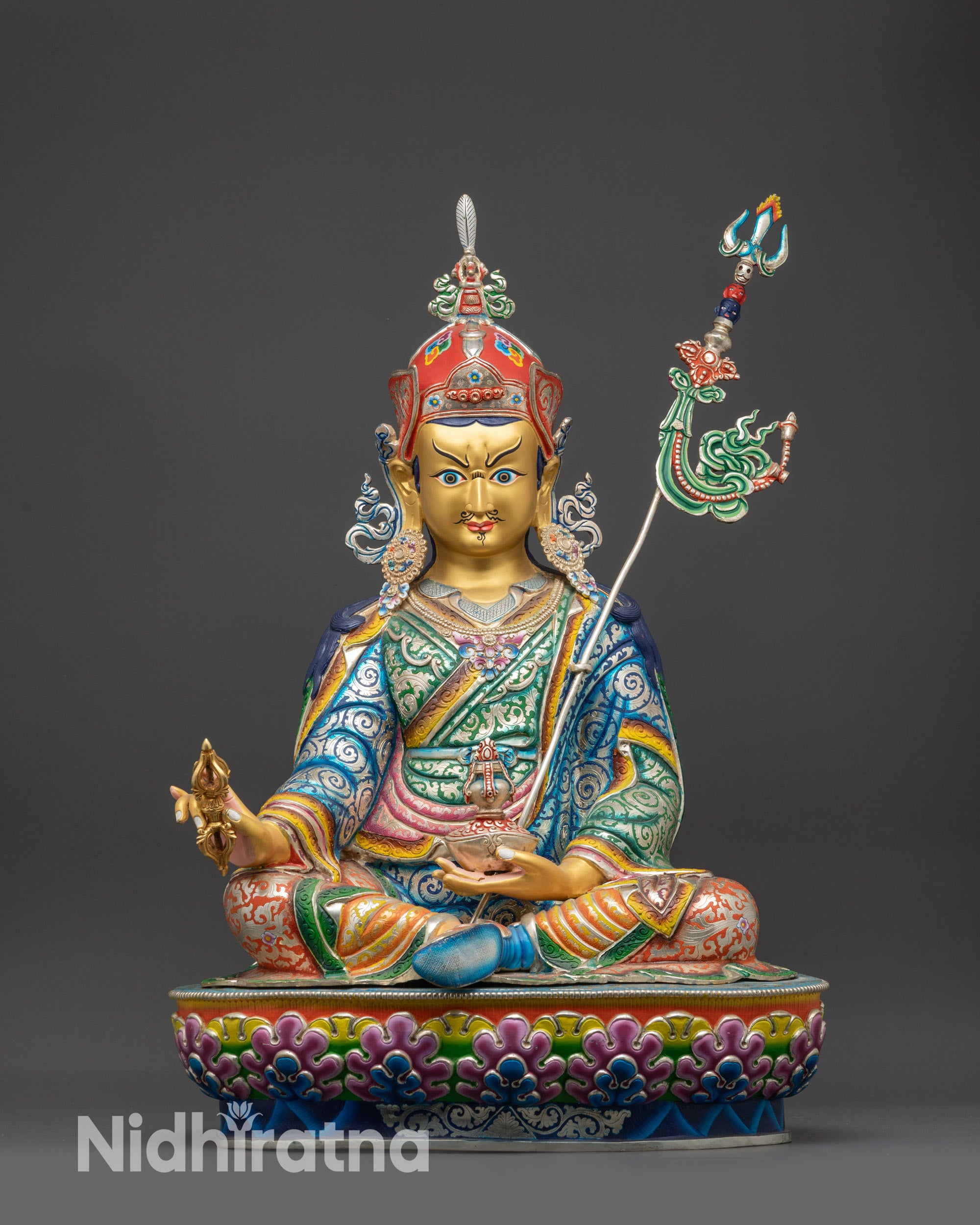 front view Guru Rinpoche Padmasambhava Statue with silver-plated robe and gold-gilded face