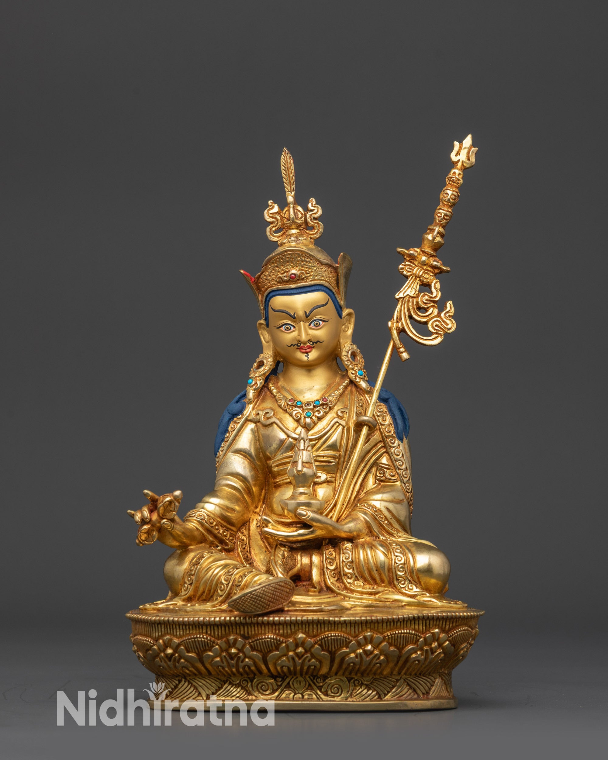 front view Guru Rinpoche Padmasambhava statue with gold-gilded face and lotus hat