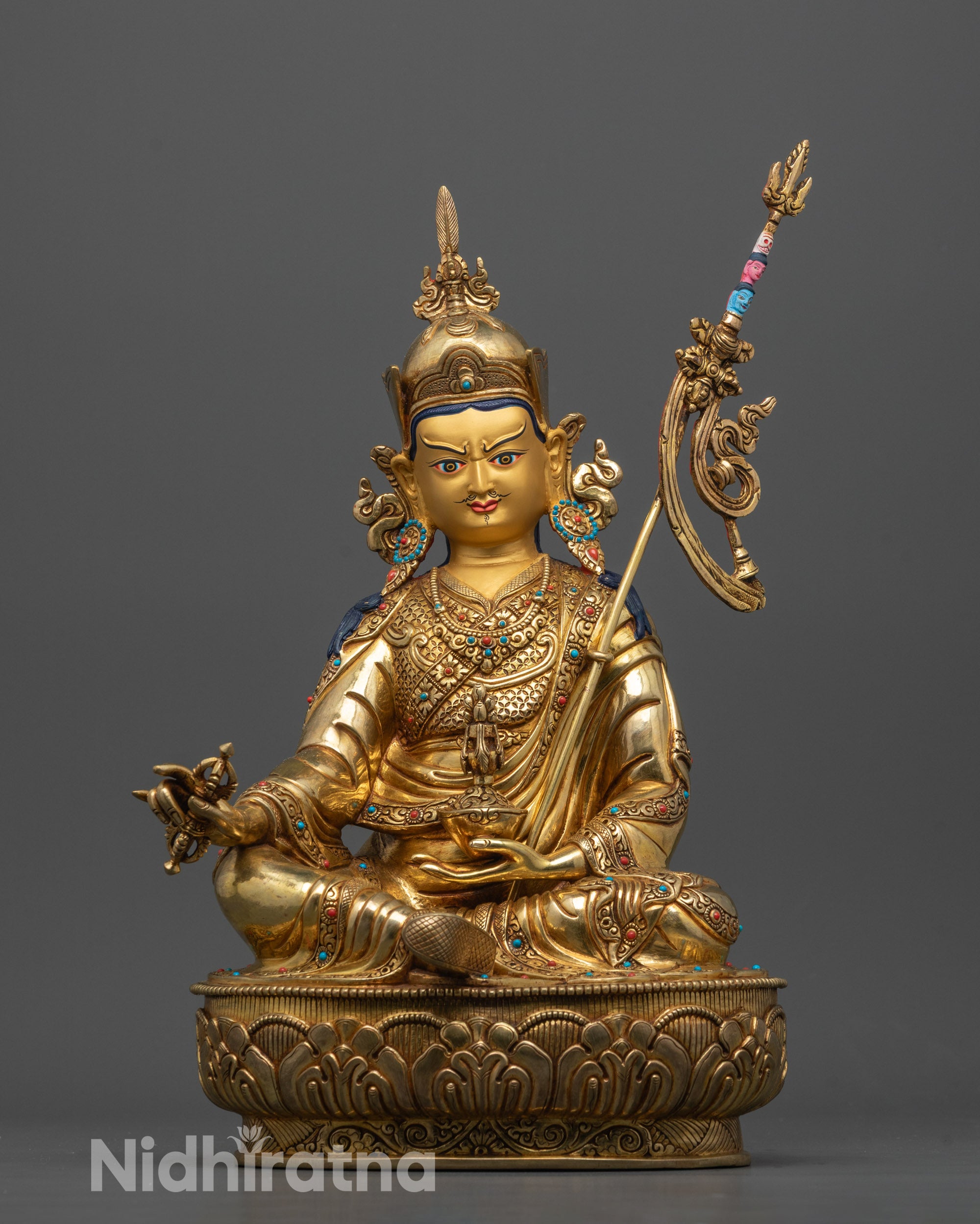 front view Guru Rinpoche statue 24K gold face copper base with lotus seat and robe

