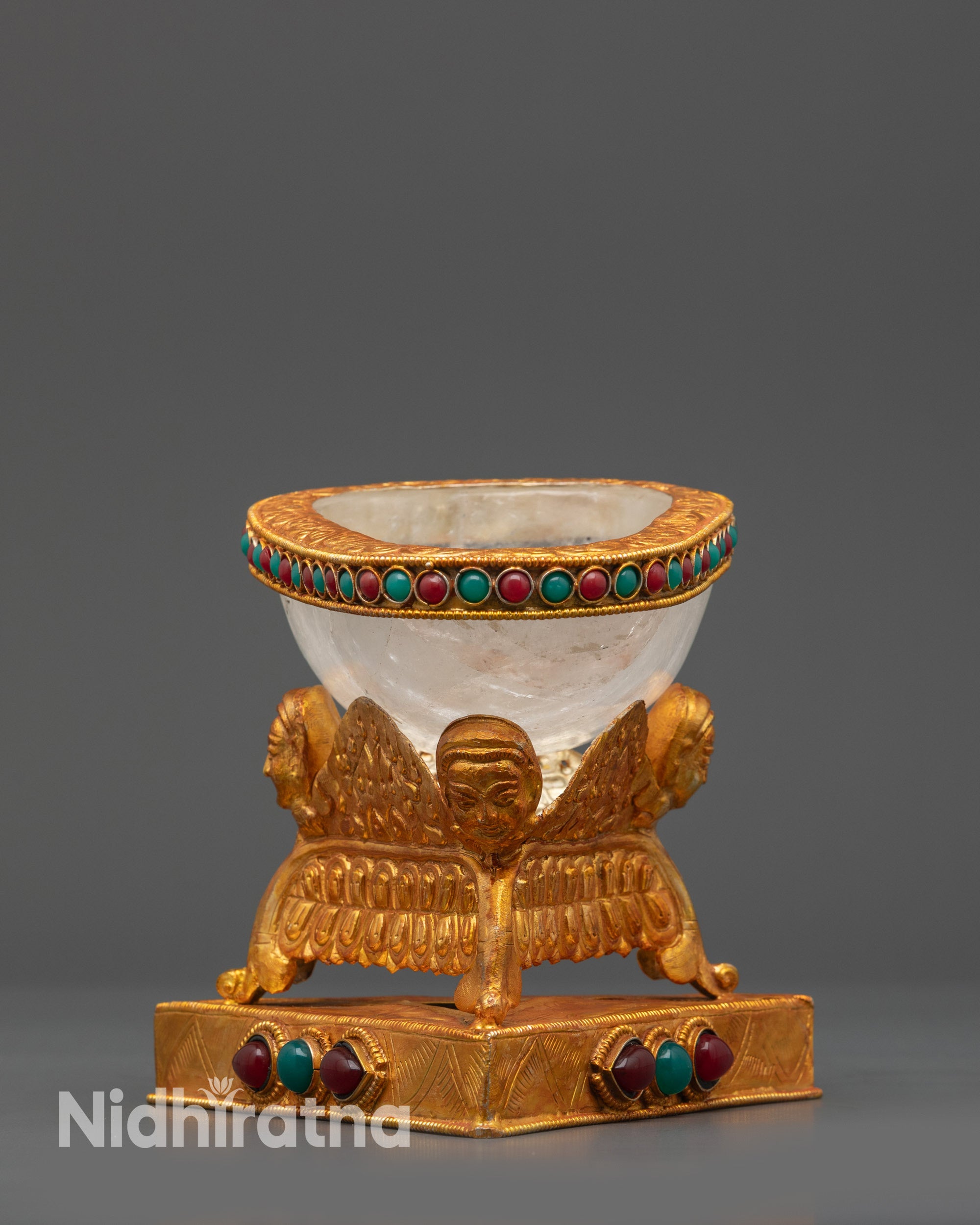 front view Handcrafted Crystal Kapala Skull Cup with gold-plated base and crystal bowl