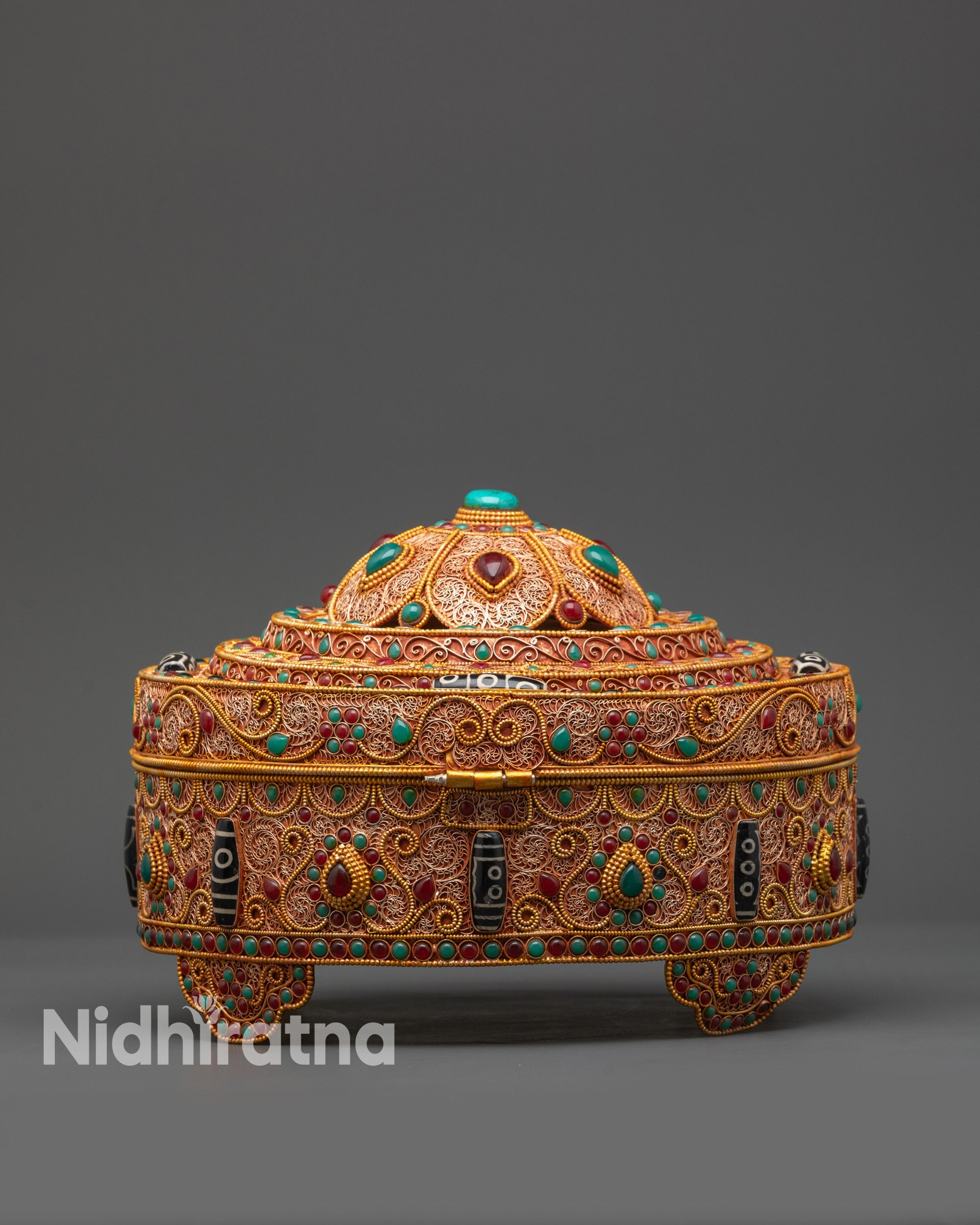 front view Handcrafted Tibetan Treasure Box ritual chest from Nepal with gold filigree design
