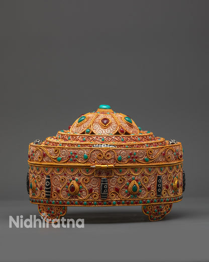 front view Handcrafted Tibetan Treasure Box ritual chest from Nepal with gold filigree design
