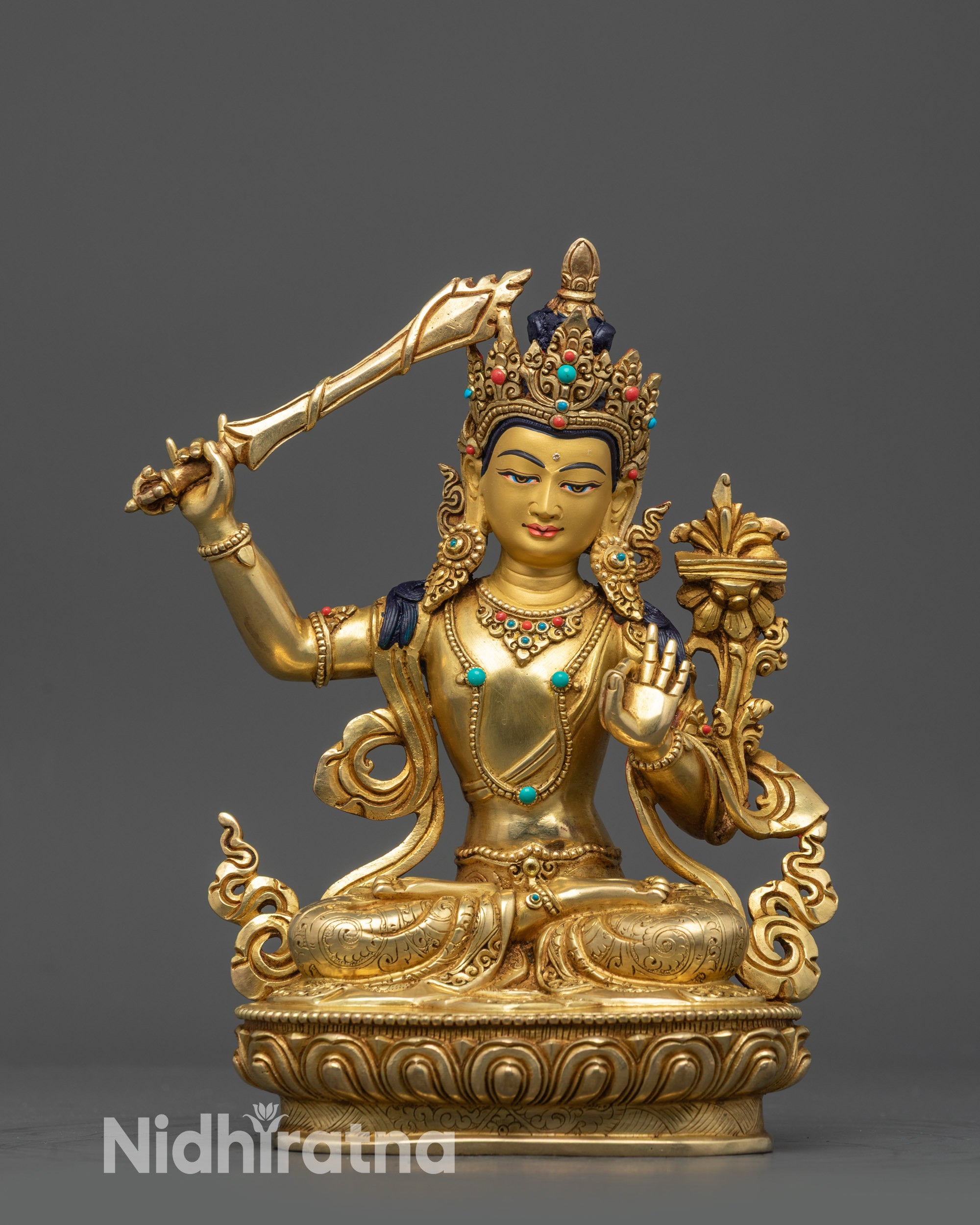 front view Himalayan Manjushri Statue with lotus seat and jeweled crown