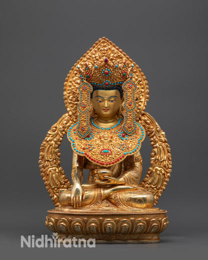 front view Jowo Shakyamuni Rinpoche statue seated on lotus pedestal with gold fire gilded finish