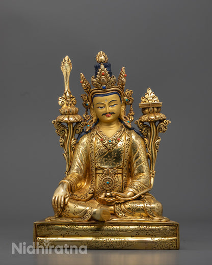 front view King Trisong Detsen statue with gold-gilded face and intricately carved crown