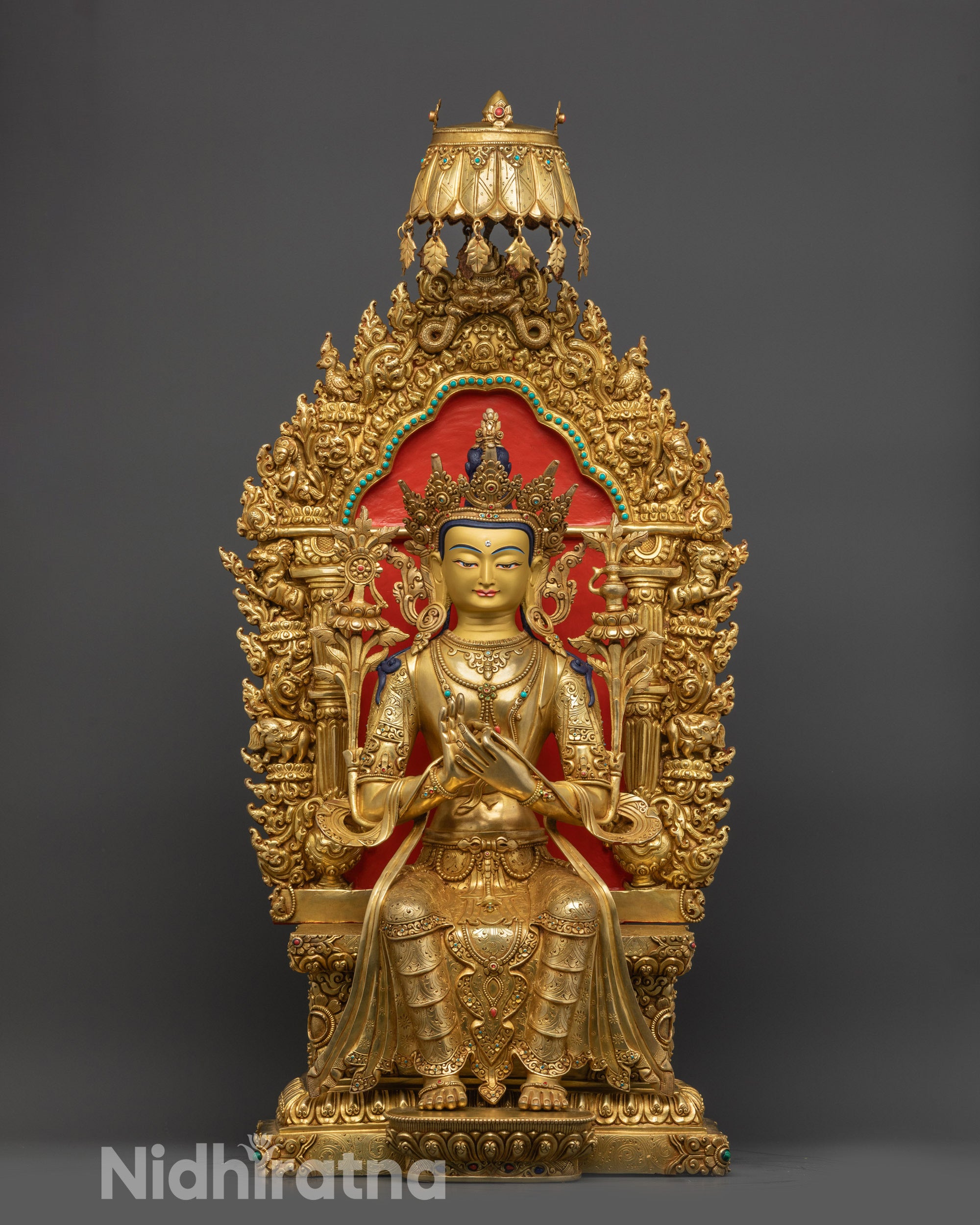 front view Maitreya Buddha Statue with 24K gold face and gold fire-gilded body
