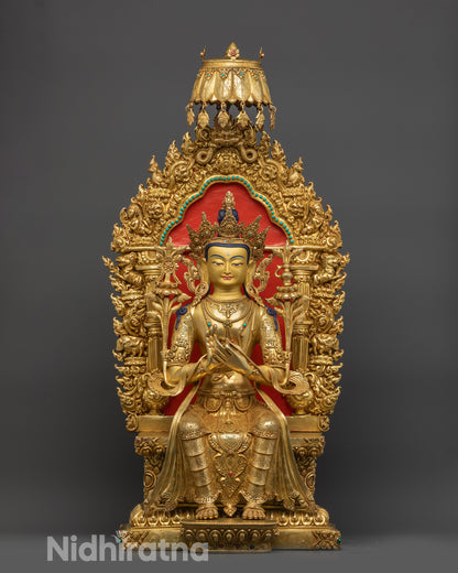 front view Maitreya Buddha Statue with 24K gold face and gold fire-gilded body
