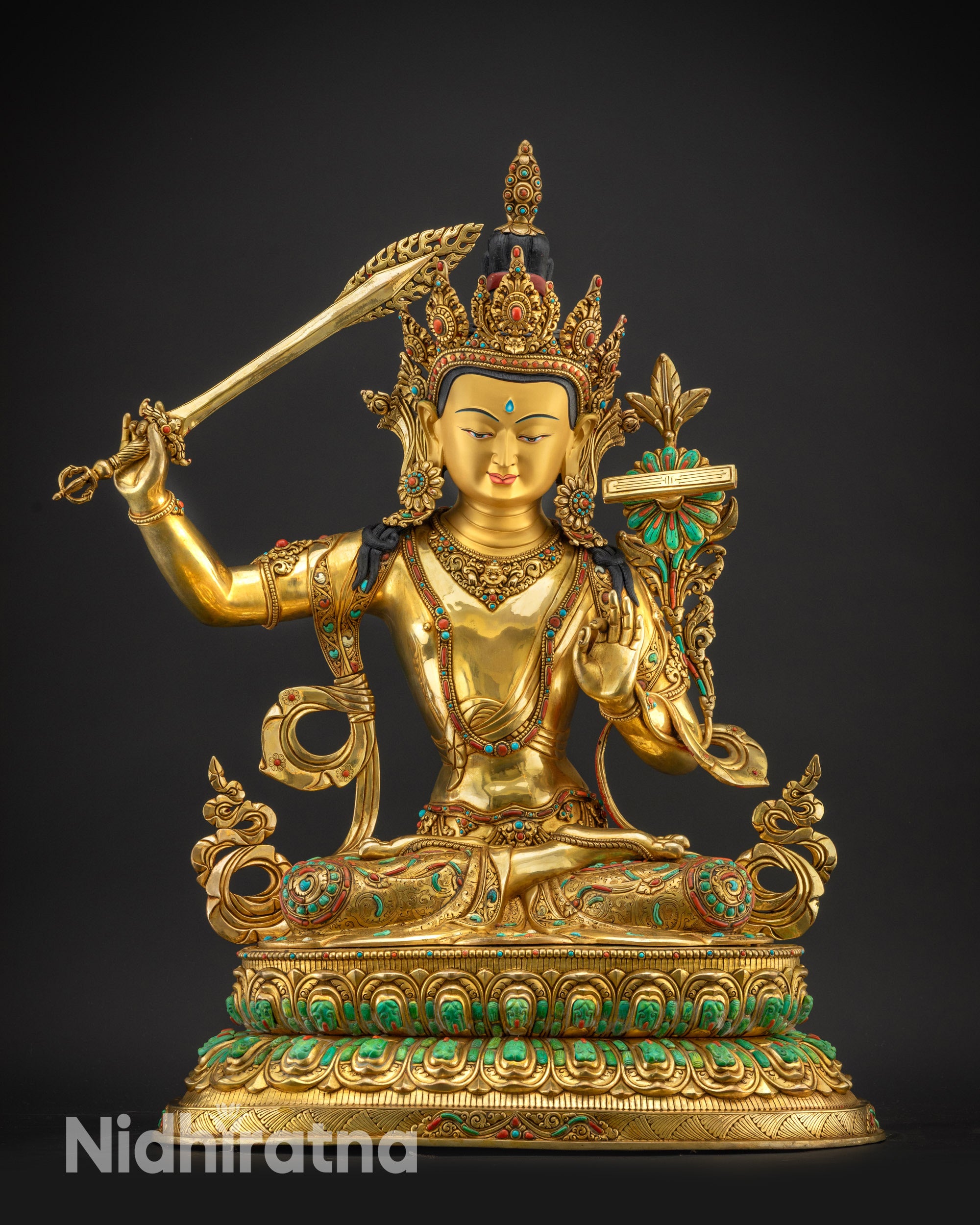 front view Manjushri seated meditation pose gold-gilded Tibetan art
