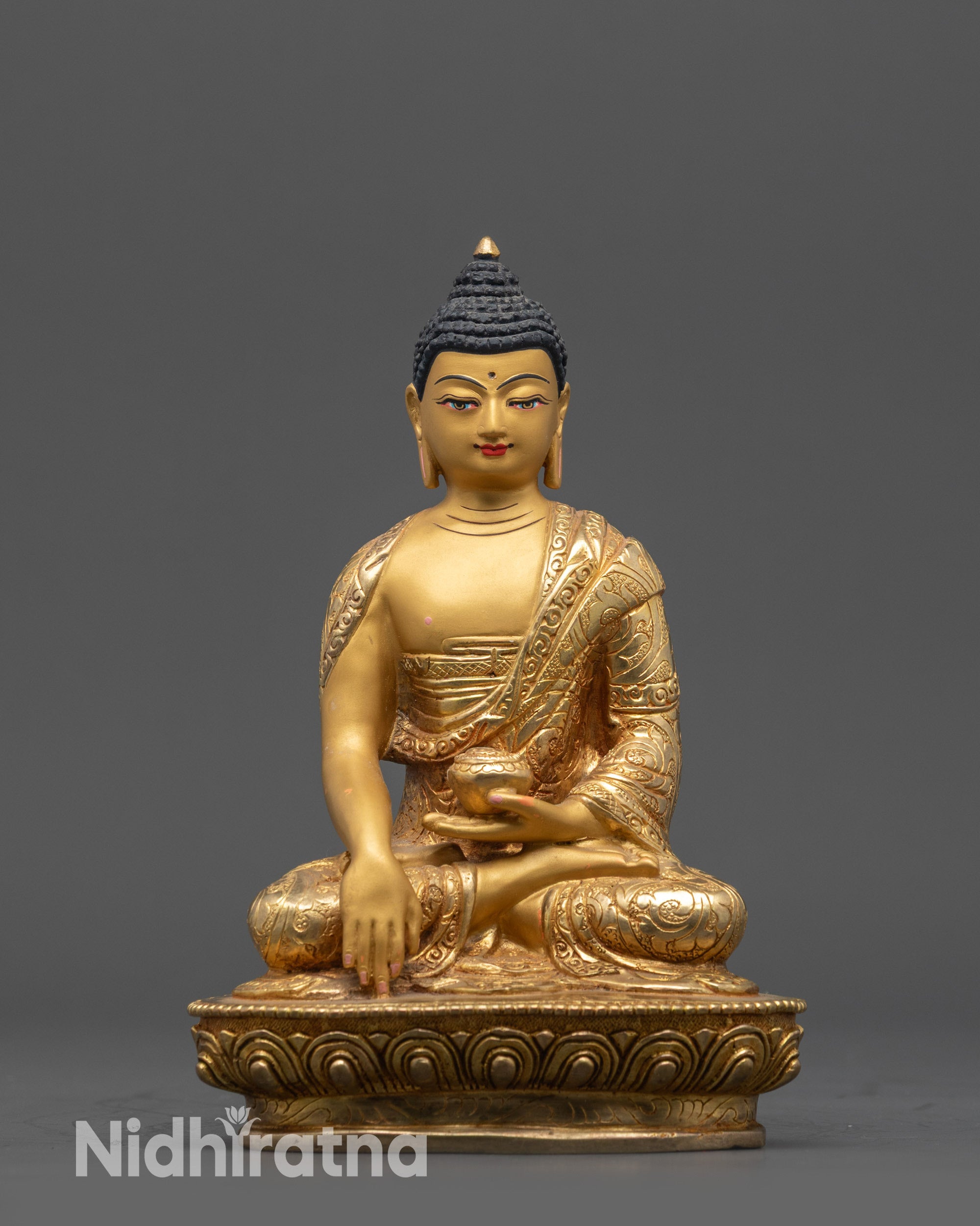 front view Meditating Shakyamuni Buddha Statue with gold-fire-gilded robe on lotus seat
