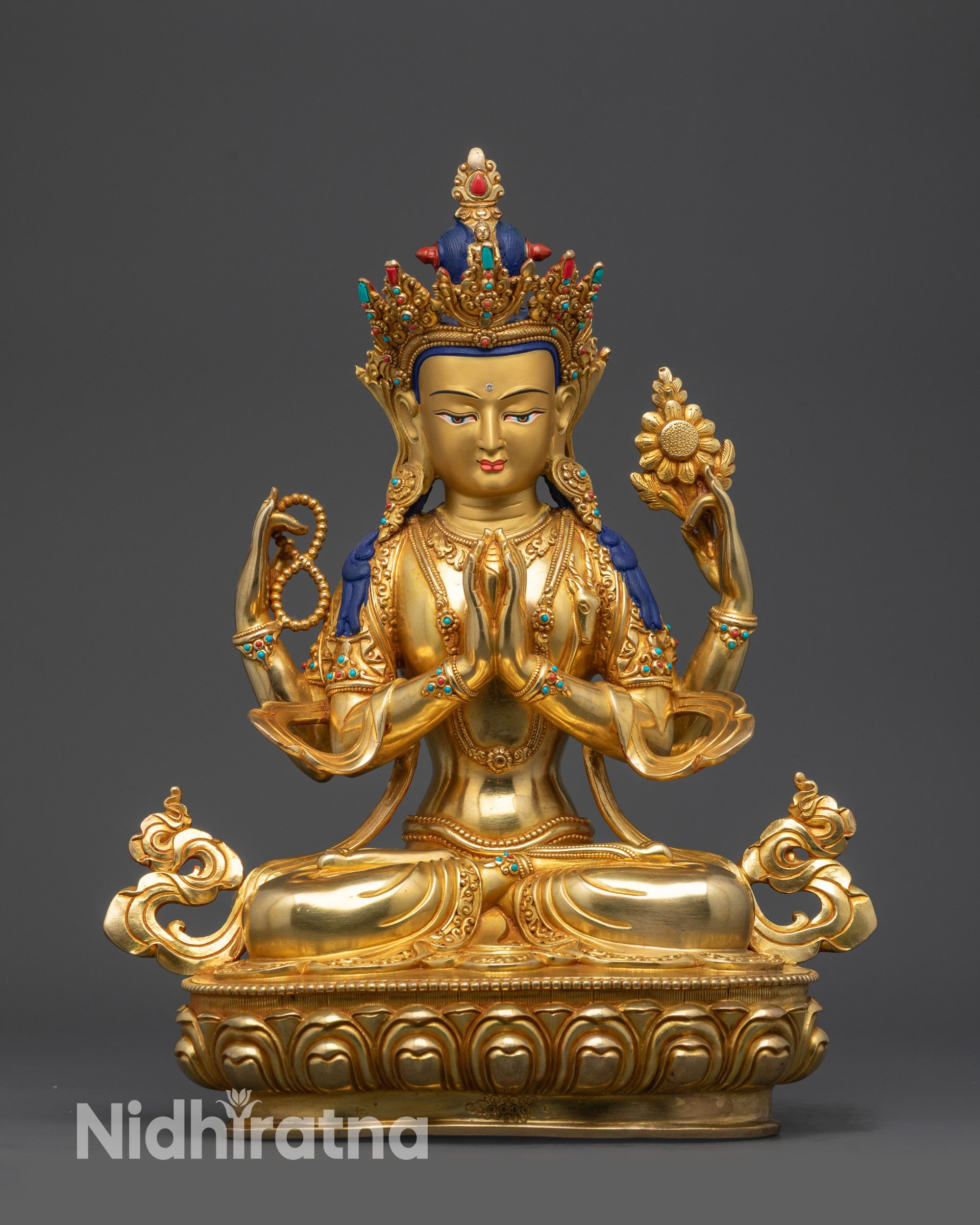 front view Nepalese Four-Armed Chenrezig Buddhist statue on gold fire-gilded lotus seat
