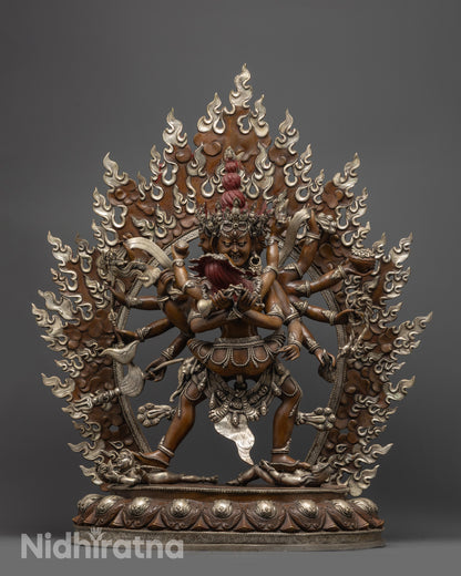 front view Oxidized Kalachakra Statue in silver plated copper with flaming halo details
