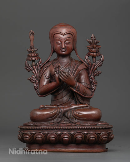 front view Oxidized Tsongkhapa statue handcrafted copper with intricate details by Nepalese artisans