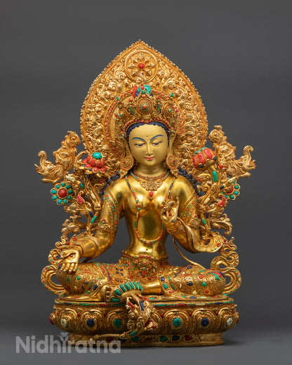 front view Premium Green Tara Statue 24k fire gold gilded goddess of compassion
