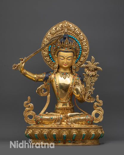 front view Premium Manjushri Statue on lotus seat with halo, lost-wax crafted from Nepal
