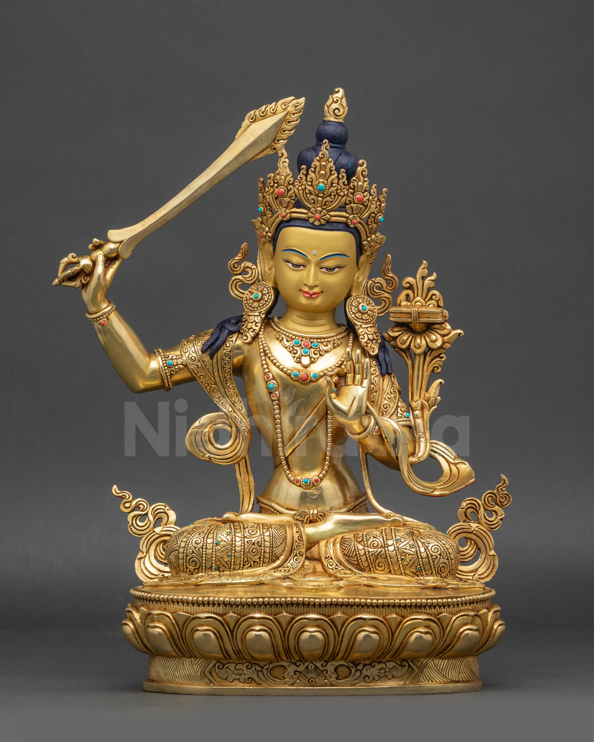 front view Premium Manjushri statue on lotus seat with gold fire-gilded copper
