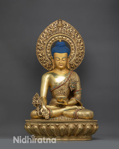 front view Premium Medicine Buddha Healing Sculpture with gold-gilded face and halo