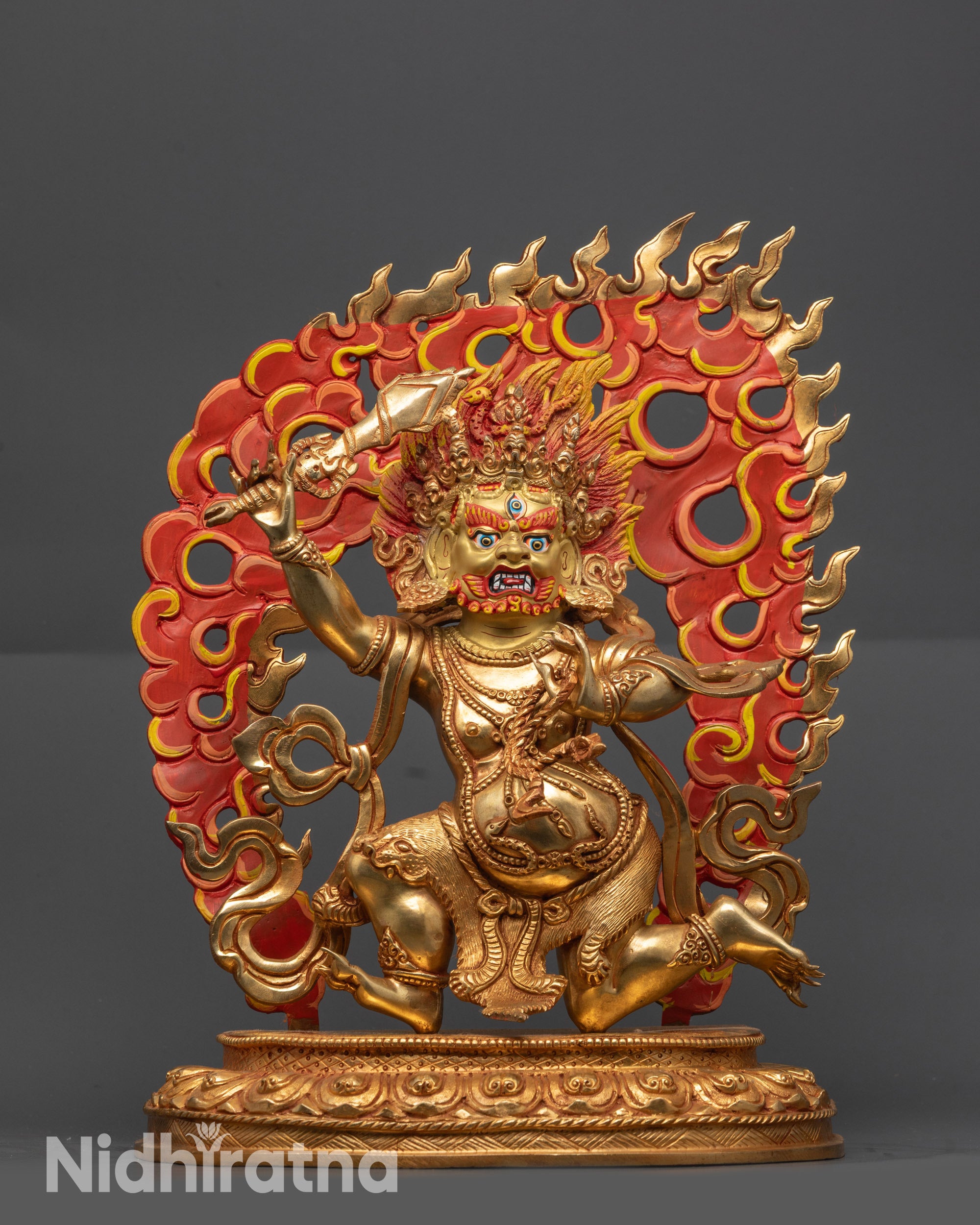 front view Protector Sankata statue gold-gilded face gold fire-gilded body lotus seat
