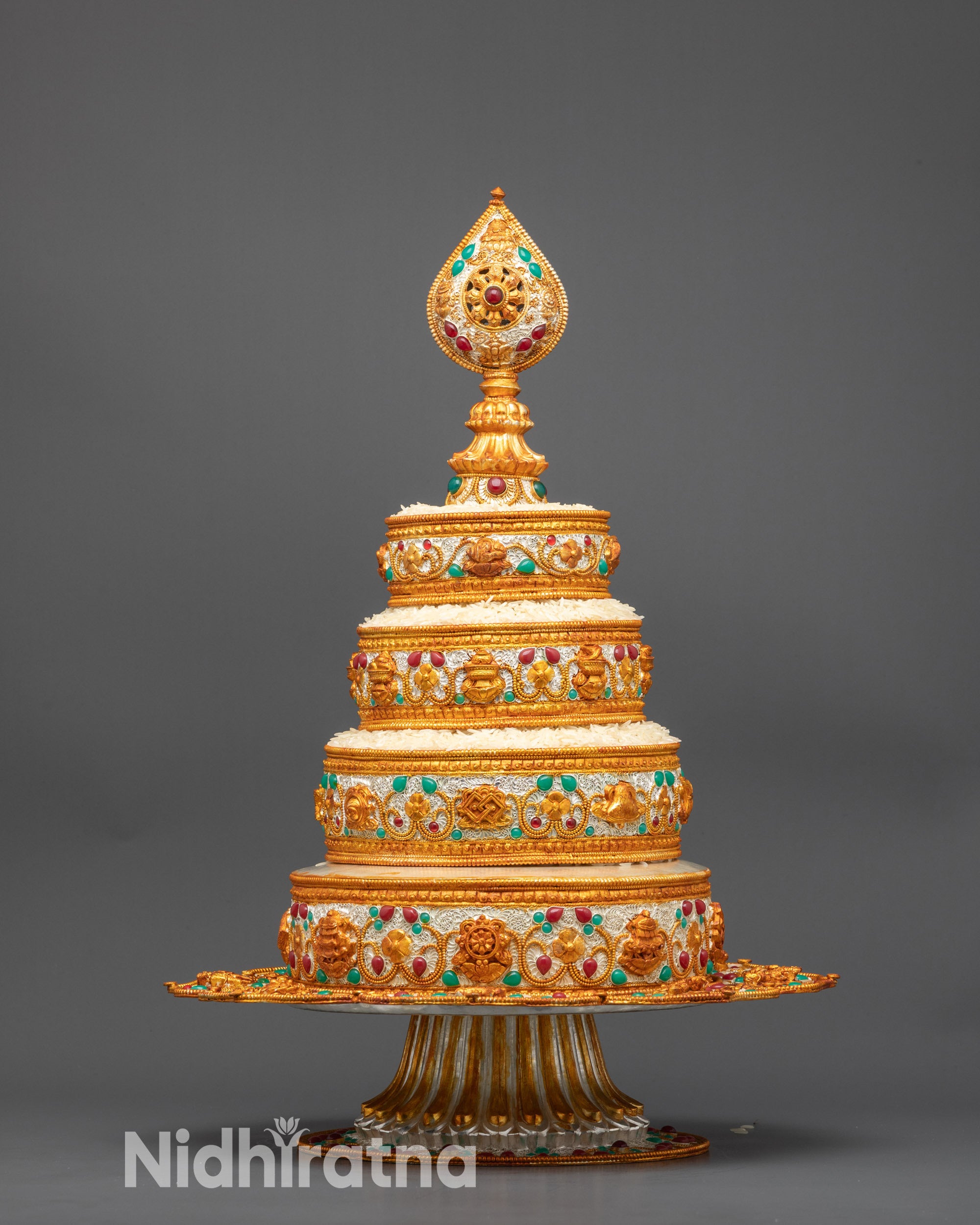 front view Sacred 8 inch Tibetan Mandala with silver gold floral filigree and gemstones
