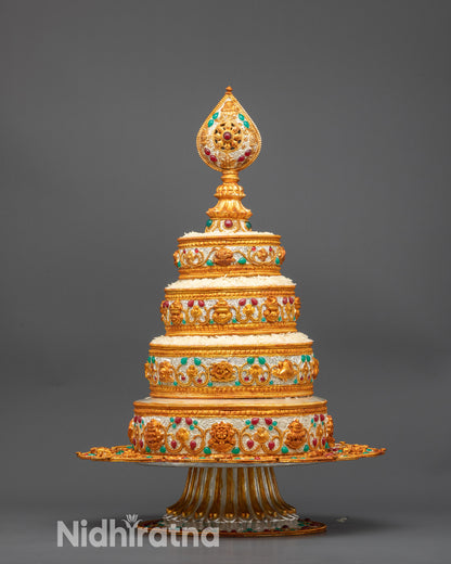 front view Sacred 8 inch Tibetan Mandala with silver gold floral filigree and gemstones
