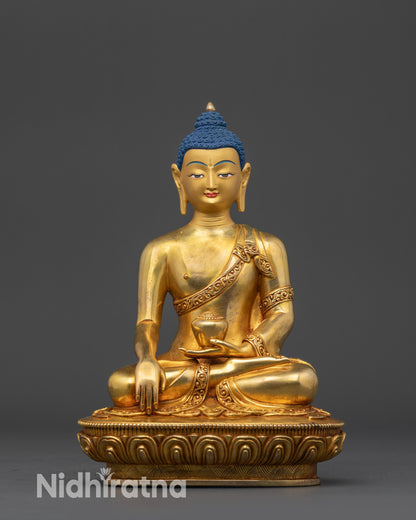 front view Shaka Nyorai Buddha statue with 24K gold fire gilding and lotus base