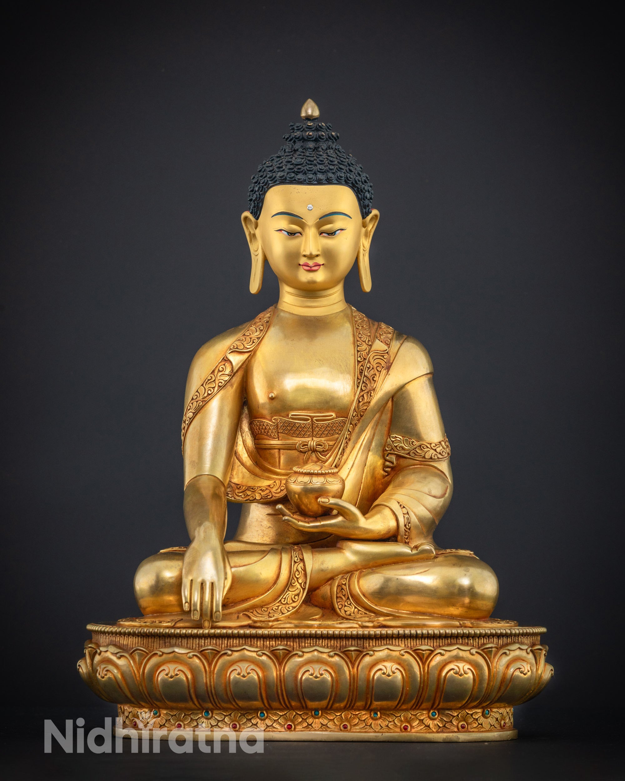 front view Shakyamuni Buddha statue smooth copper with gold-painted face and semi-precious stones