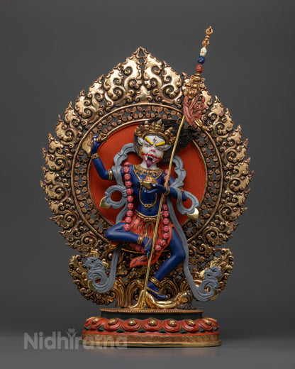 front view Simhamukha Statue with lion face and gold-plated halo on lotus seat
