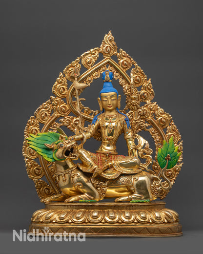 front view Simhanada Avalokiteshvara statue on snow lion with gold-gilded face
