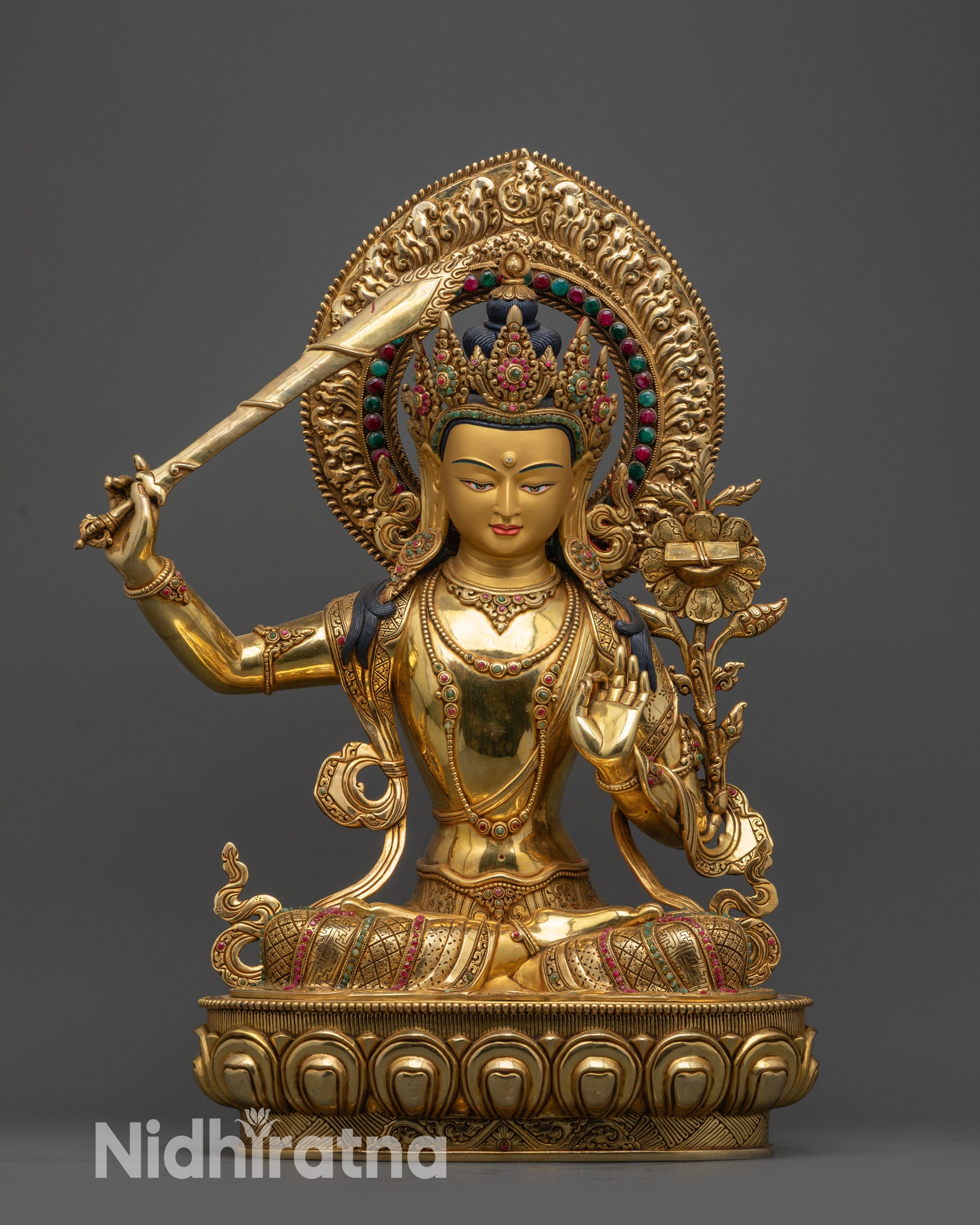 front view Spiritual Manjushri Statue with gold-gilded face and fire-gilded body
