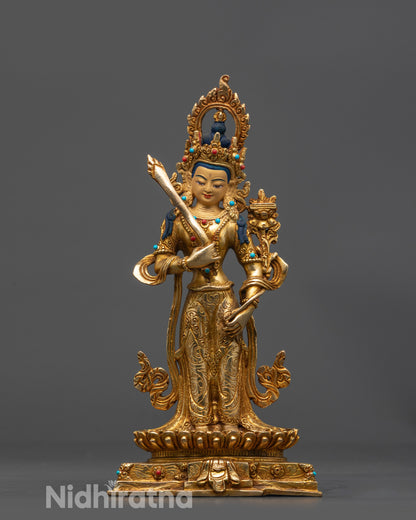 front view Standing Manjushri Statue with gold gilded face and lotus seat
